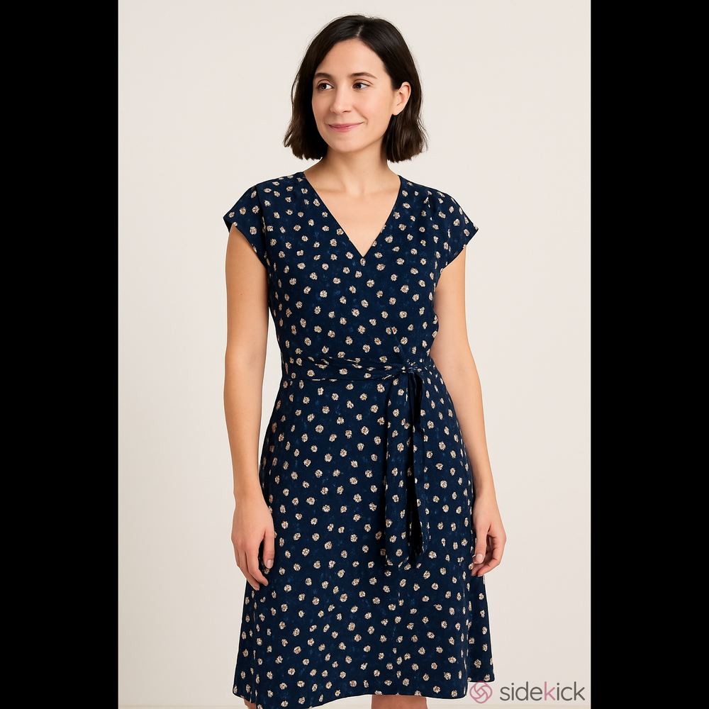 Talbots Navy & Cream Floral Chiffon Shift Dress Cap Sleeves Tie Sash 6
